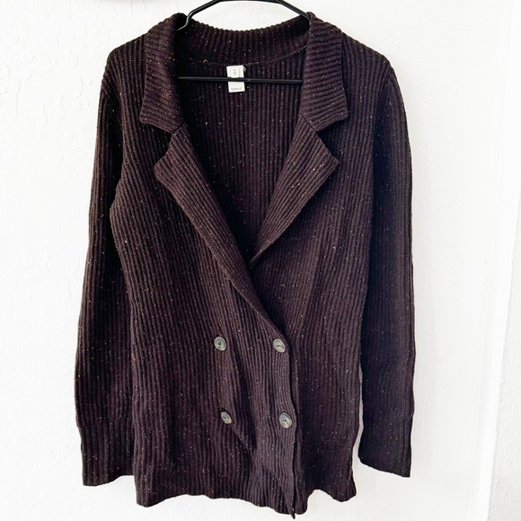 Trouve Sweaters - Trouvé Brown Speckle Wool Longline Cardigan Sweater Button Closure Collar Medium